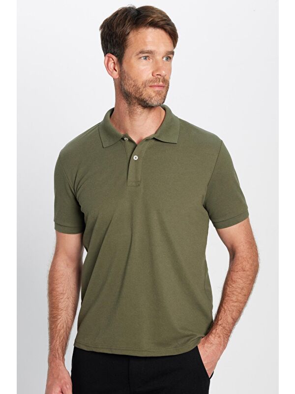 TUDORS Erkek Slim Fit Dar Kesim Pamuklu Yumuşak Doku Nefes Alan Kumaş Kıvrılmaz Yaka Haki Polo Yaka Tişört