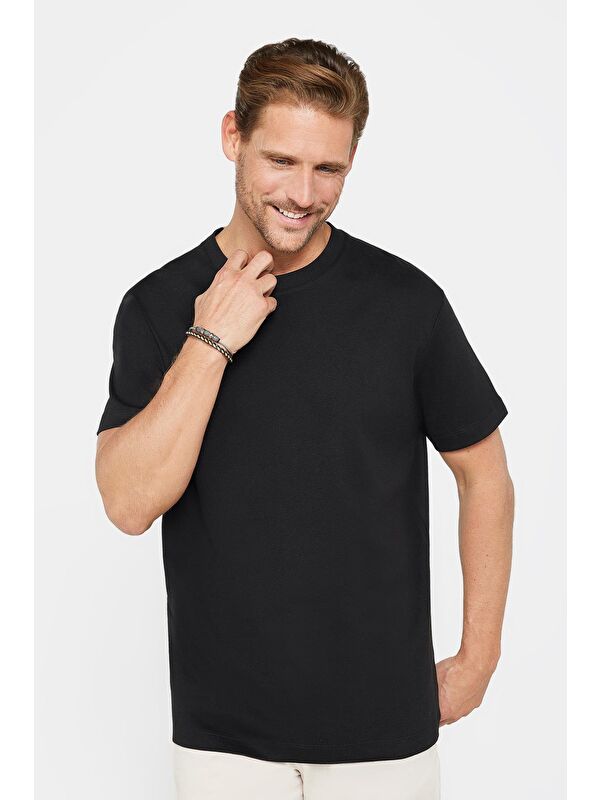 TUDORS Unisex Relax Fit Rahat Kesim %100 Pamuk Yumuşak Dokulu Basic Bisiklet Yaka Siyah Tişört