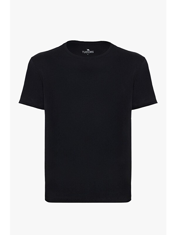 TUDORS Unisex Slim Fit Dar Kesim %100 Pamuk Yumuşak Dokulu Siyah Bisiklet Yaka Büyük Beden Tişört