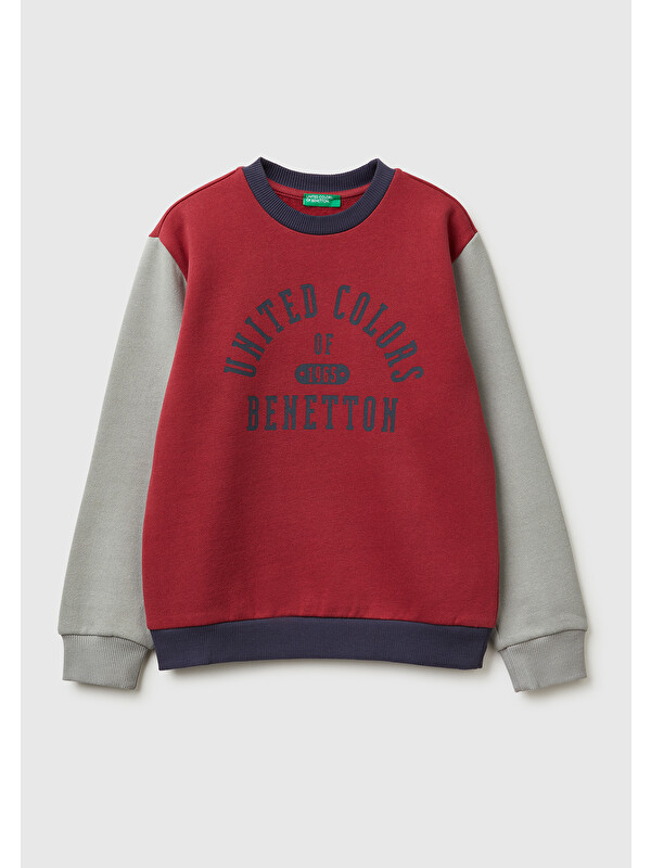United Colors Of Benetton Erkek Çocuk Bordo-Gri Önü Logo Baskılı Nervürlü Sweatshirt