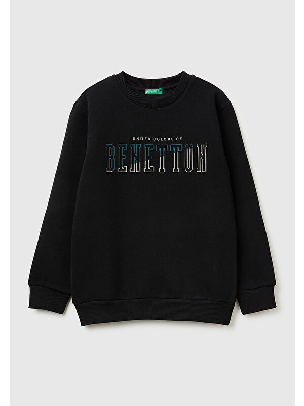 United Colors Of Benetton Erkek Çocuk Siyah Önü Logo Baskılı Nervürlü Sweatshirt