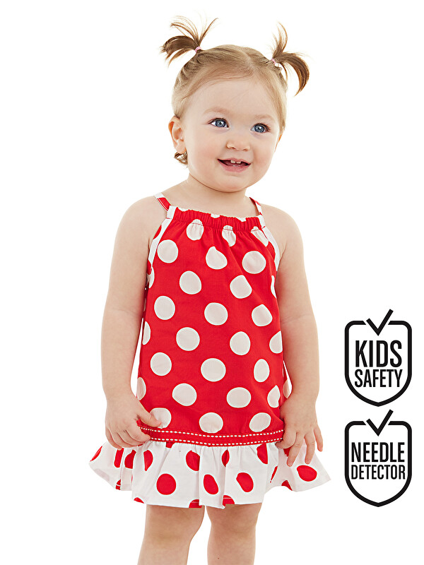 Denokids Kırmızı Puantiye Kız Bebek Yazlık Elbise