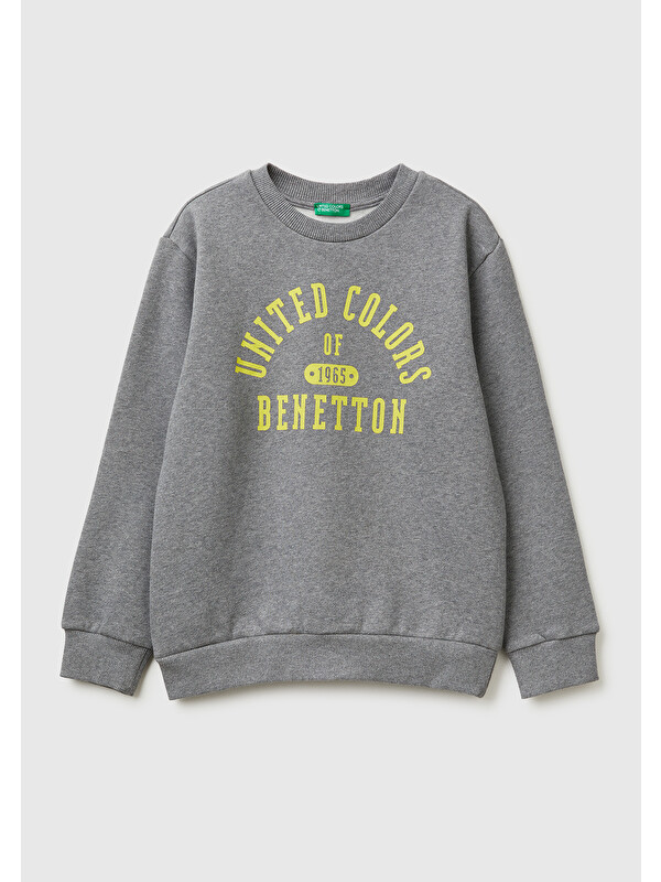 United Colors Of Benetton Erkek Çocuk Antrasit Melanj Önü Logo Baskılı Nervürlü Sweatshirt
