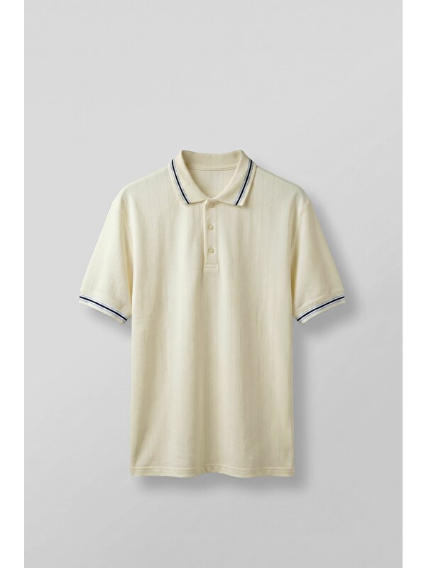 Abluka Online Erkek Oversize Kontrast Detaylı Triko Polo Yaka T-Shirt Bej