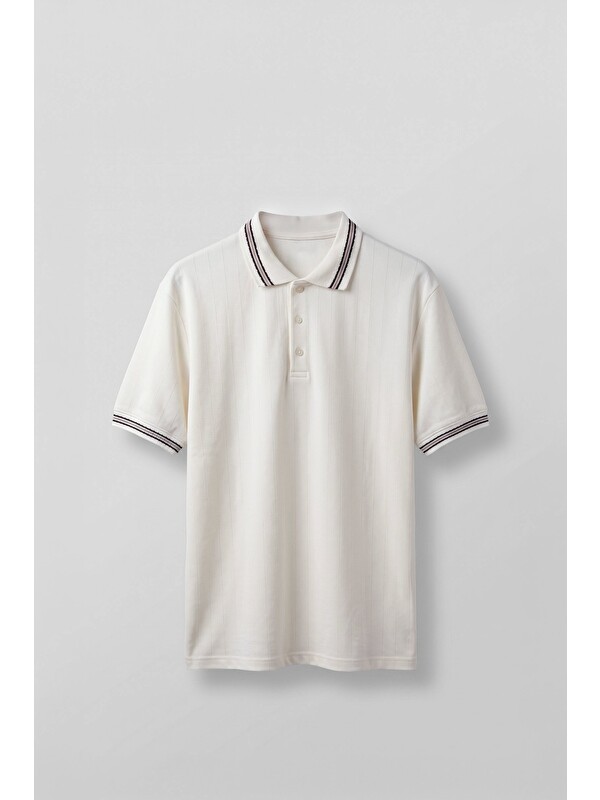 Abluka Online Erkek Oversize Kontrast Detaylı Triko Polo Yaka T-Shirt Ekru
