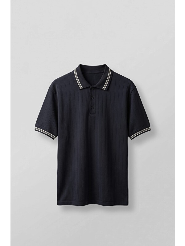 Abluka Online Erkek Oversize Kontrast Detaylı Triko Polo Yaka T-Shirt Lacivert