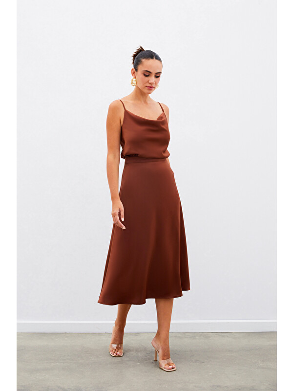SATEEN Midi Boy Saten Etek - Kahve