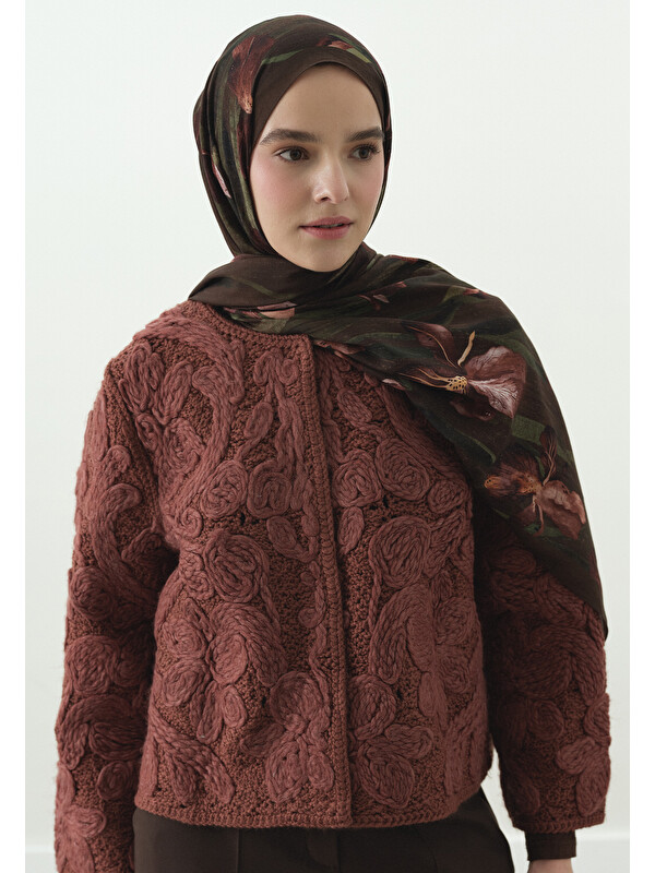 Fresh Scarfs Zelinda Desenli Pamuk Viskon Şal Çikolata Kahve