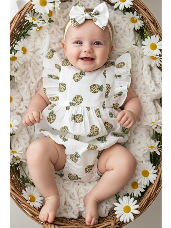 Parla Kids Kız Bebek Beyaz Ananas Desenli Pamuklu Salopet Bandana Takım