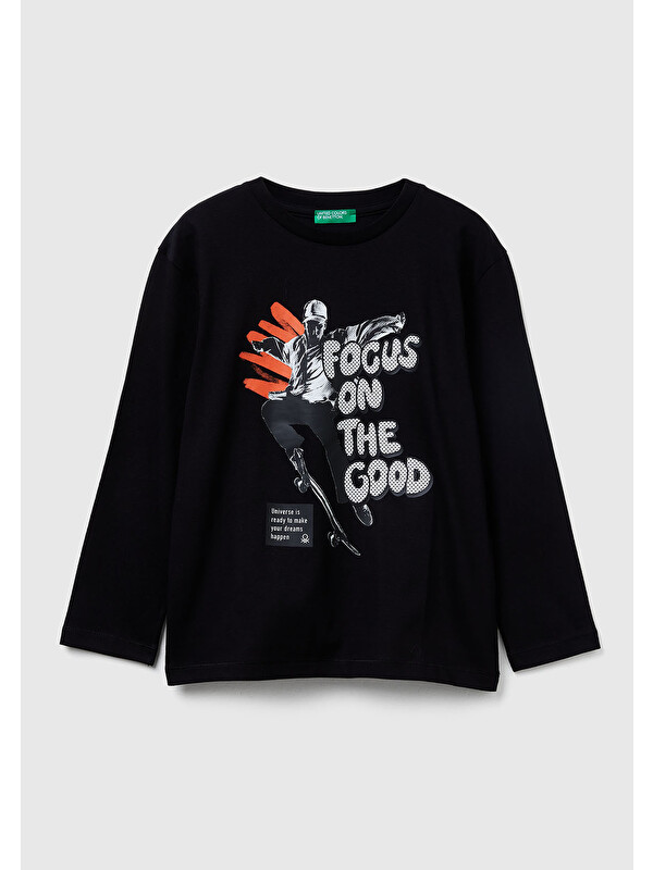 United Colors Of Benetton Erkek Çocuk Siyah Önü Baskılı Jarse Uzun Kollu T-shirt