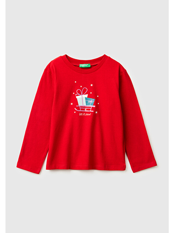 United Colors Of Benetton Kız Çocuk Kırmızı Simli Baskılı Bisiklet Yaka Regular Fit Uzun Kollu T-shirt