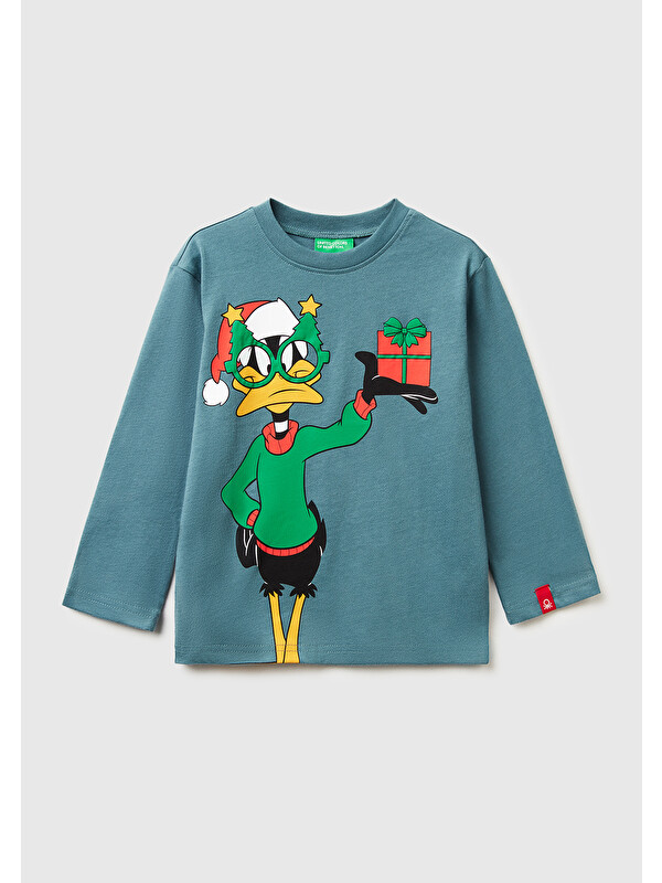 United Colors Of Benetton Erkek Çocuk Gri-Yeşil Tazmanya Baskılı Logo Etiketli Jarse Oversize Uzun Kollu T-shirt