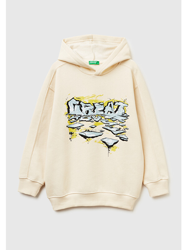 United Colors Of Benetton Erkek Çocuk Krem Önü Baskılı Düşük Omuzlu Kapüşonlu Sweatshirt