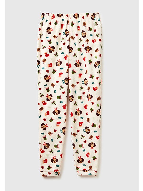 United Colors Of Benetton Kadın Ekru Mix Xmas Desenli Polar Pijama Altı