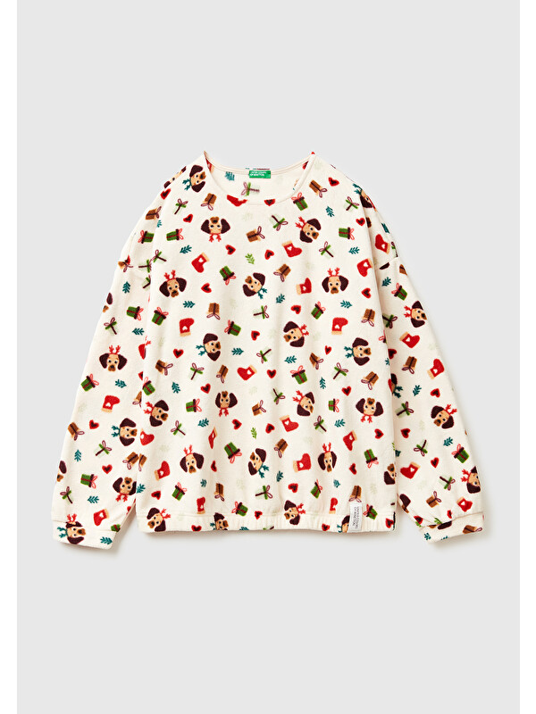 United Colors Of Benetton Kadın Ekru Mix Xmas Desenli Polar Pijama Üstü