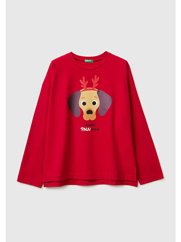 United Colors Of Benetton Kadın Kırmızı Xmas Baskılı Pijama Üstü