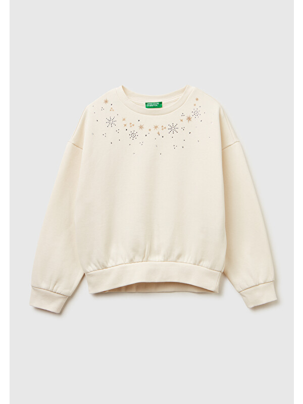 United Colors Of Benetton Kız Çocuk Ekru Önü Kristal Aplikeli Logo İşlemeli Ribanalı Sweatshirt