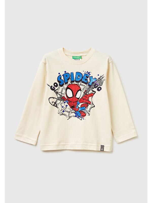 United Colors Of Benetton Erkek Çocuk Krem Spiderman Baskılı Logo Etiketli  Jarse Uzun Kollu T-shirt