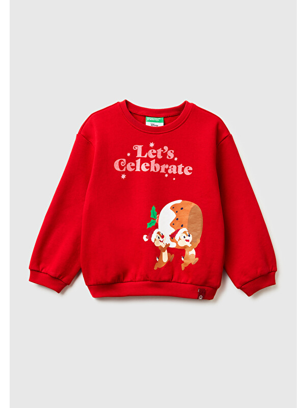 United Colors Of Benetton Kız Çocuk Kırmızı Önü Baskılı Logo Etiketi Detaylı Sweatshirt