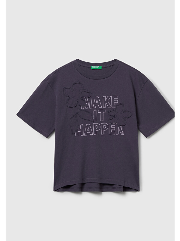 United Colors Of Benetton Kız Çocuk Koyu Gri Önü Baskılı Aplikeli Ribana Yakalı Relaxed Fit T-shirt