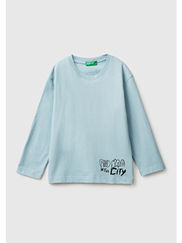 United Colors Of Benetton Erkek Çocuk Açık Mavi Dijital Baskılı Bisiklet Yaka Jarse Uzun Kollu T-shirt