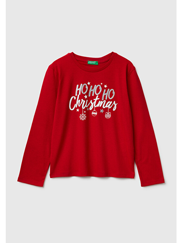 United Colors Of Benetton Kız Çocuk Kırmızı Önü Simli Baskılı Jarse Uzun Kollu T-shirt