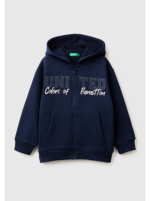 United Colors Of Benetton Erkek Çocuk Lacivert Önü Logo Baskılı Fermuarlı Regular Fit Kapüşonlu Sweatshirt