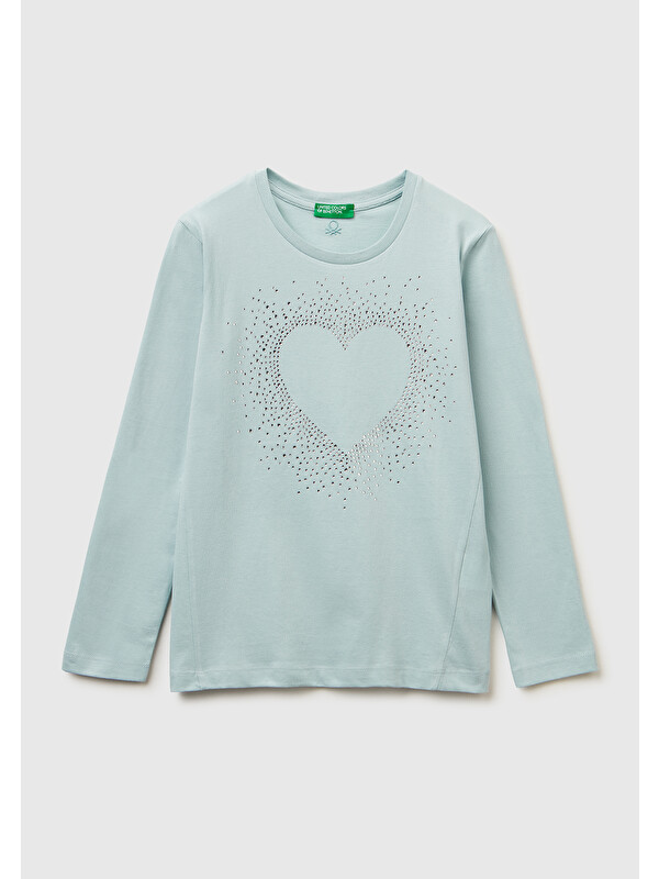 United Colors Of Benetton Kız Çocuk Su Yeşili Önü Kristal Aplikeli Regular Fit Jarse Uzun Kollu T-shirt