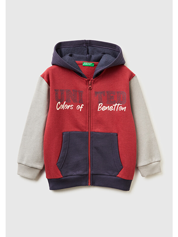 United Colors Of Benetton Erkek Çocuk Bordo-Gri Önü Logo Baskılı Fermuarlı Regular Fit Kapüşonlu Sweatshirt