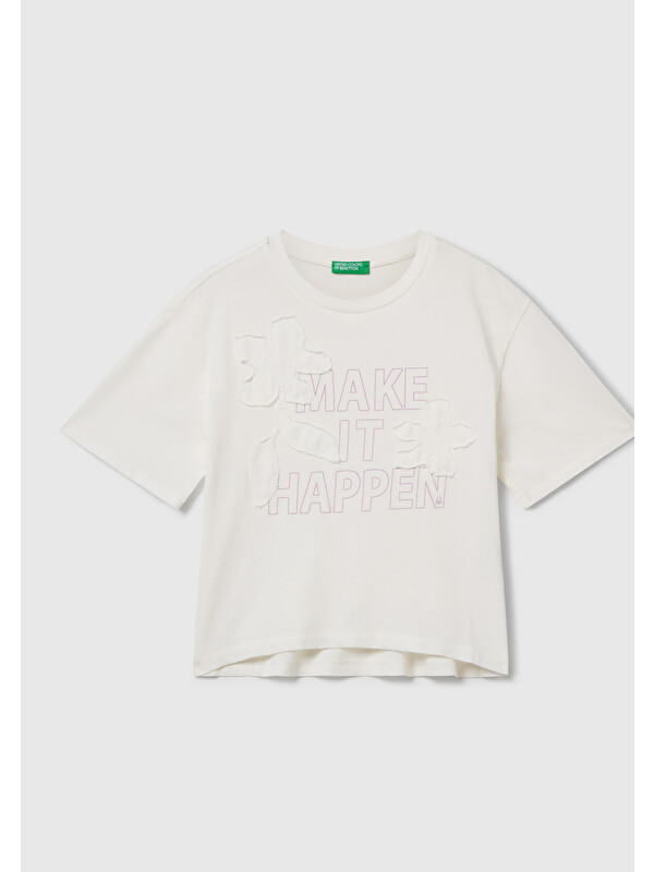 United Colors Of Benetton Kız Çocuk Ekru Önü Baskılı Aplikeli Ribana Yakalı Relaxed Fit T-shirt