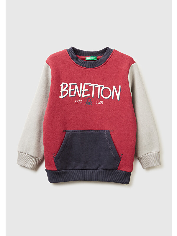 United Colors Of Benetton Erkek Çocuk Bordo-Gri Önü Logo Baskılı Cepli Bisiklet Yaka Regular Fit Sweatshirt