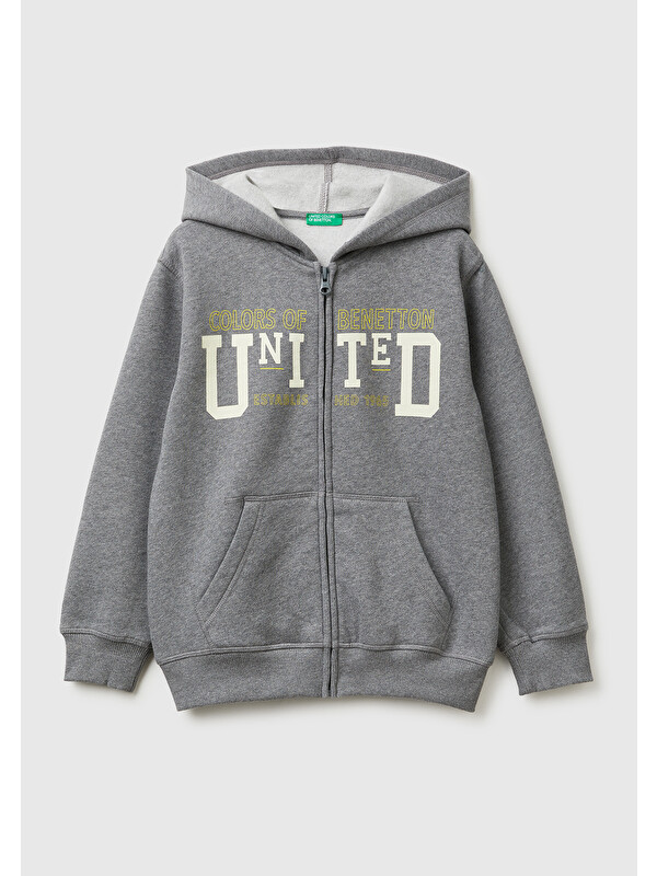 United Colors Of Benetton Erkek Çocuk Antrasit Melanj Önü Logo Baskılı Cepli Fermuarlı Sweatshirt