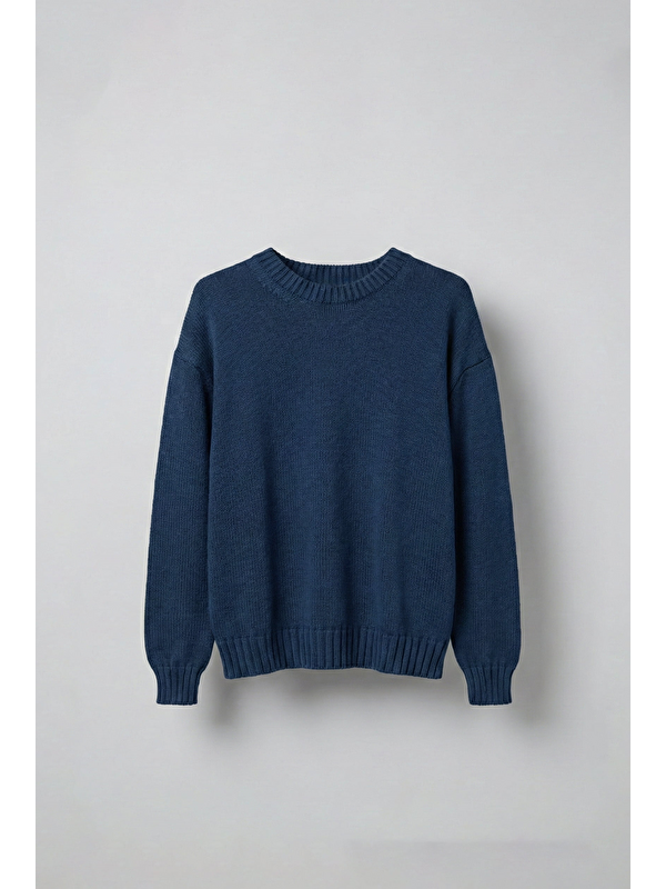 Abluka Online Erkek Oversize Bisiklet Yaka Basic Triko Kazak Lacivert