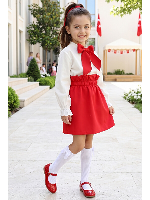 Parla Kids Kız Çocuk Uzun Kollu Parla Kırmızı Etek Ekru Bluz Fular Alt Üst Takım Gösteri Kıyafeti