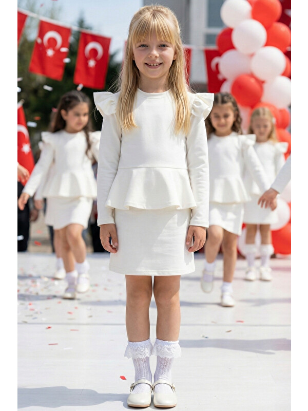 Parla Kids Kız Çocuk Diana Krem Renkli Volan Etekli Fırfır Detaylı Uzun Kollu Elbise 23 Nisan Gösteri Kıyafeti