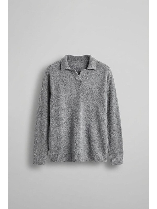 Abluka Online Erkek Polo Yaka Yumuşak Dokulu Oversize Kazak Gri