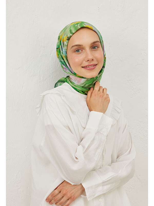 Fresh Scarfs Summer Sunset Desen Pamuk Vual Eşarp Yeşil