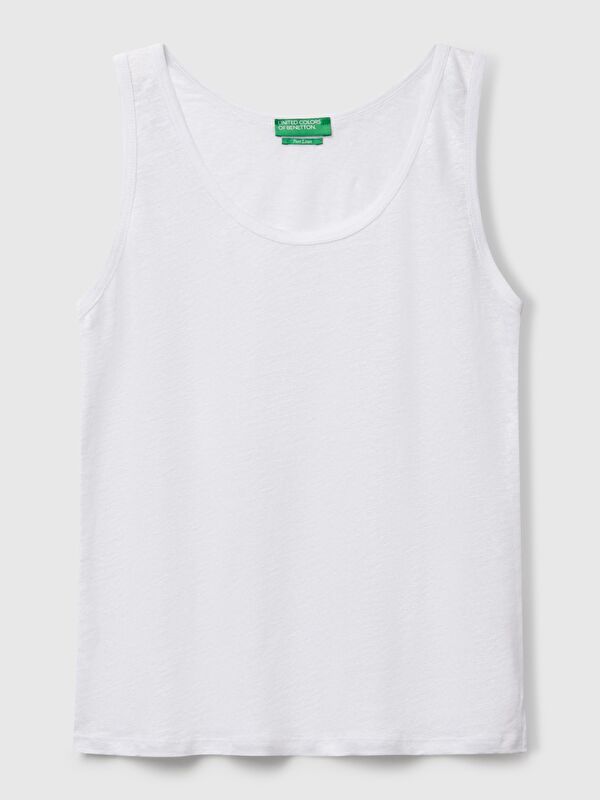 United Colors Of Benetton Kadın Beyaz %100 Keten Yanları Yırtmaçlı Regular Fit Yuvarlak Yaka Atlet