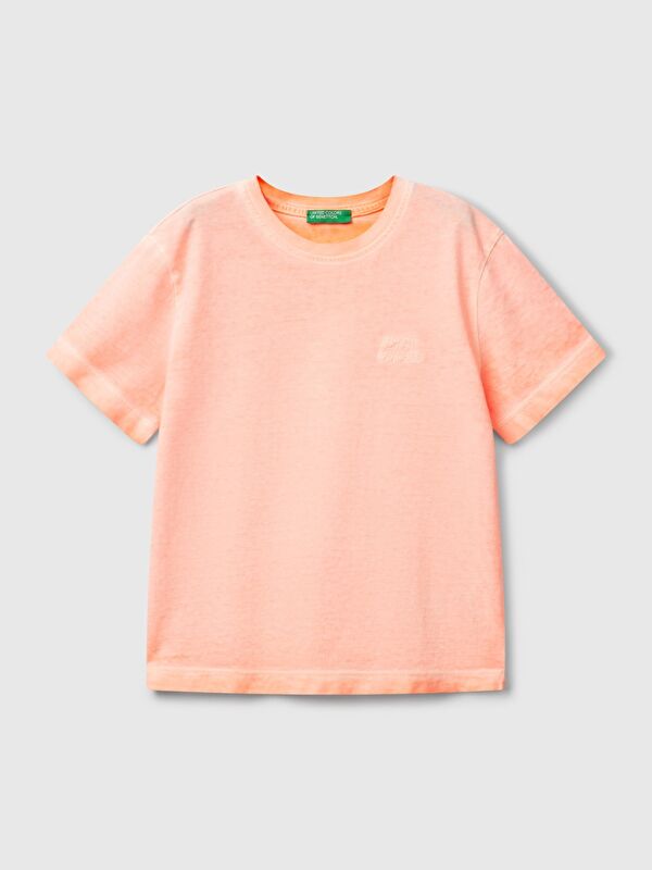 United Colors Of Benetton Erkek Çocuk Turuncu Soluk Efektli Logo İşlemeli Oversize T-Shirt