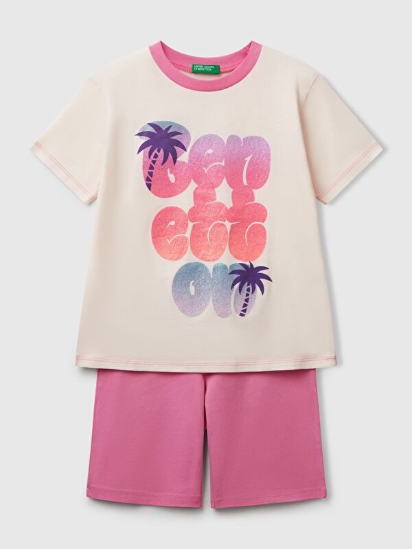 United Colors Of Benetton Erkek Çocuk Pembe Yazı Baskılı T-Shirt ve Şort Pijama Takım