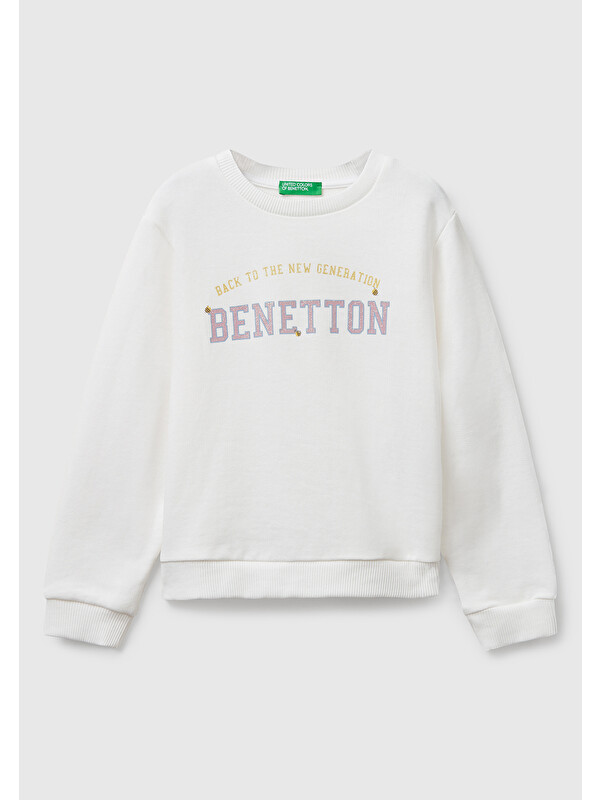 United Colors Of Benetton Kız Çocuk Ekru Önü Simli Logo Baskılı Nervürlü Regular Fit Sweatshirt