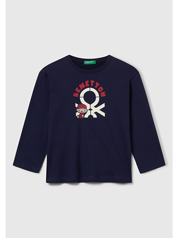 United Colors Of Benetton Erkek Çocuk Lacivert Çok Renkli Logo Baskılı Bisiklet Yaka Uzun Kollu T-Shirt