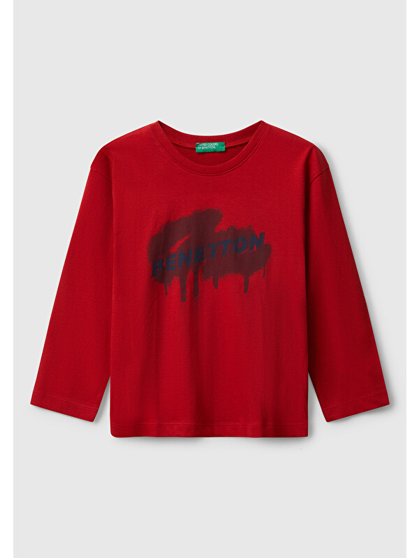 United Colors Of Benetton Erkek Çocuk Kırmızı Organik Pamuklu Önü Logo Baskılı Uzun Kollu Jarse T-shirt