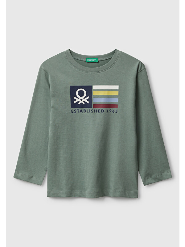 United Colors Of Benetton Erkek Çocuk Haki Organik Pamuklu Önü Logo Baskılı Uzun Kollu Jarse T-shirt