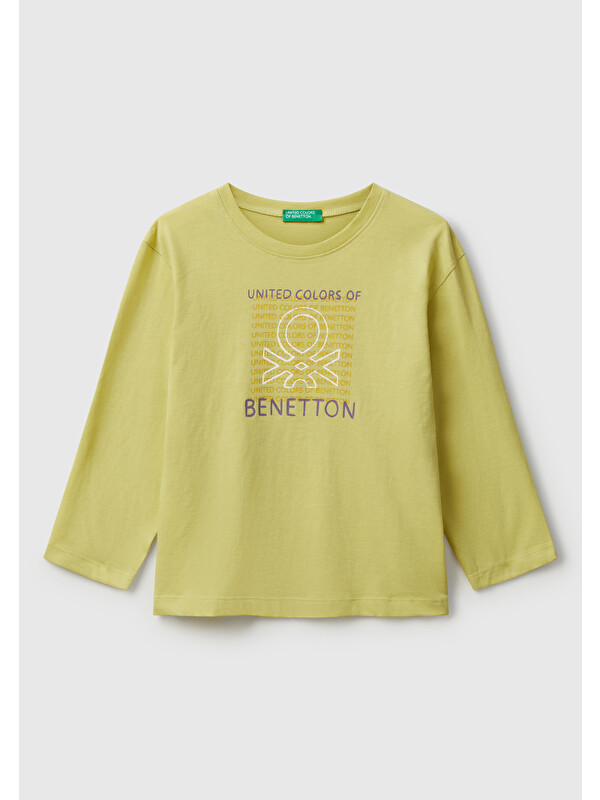 United Colors Of Benetton Erkek Çocuk Hardal Organik Pamuklu Önü Logo Baskılı Uzun Kollu Jarse T-shirt
