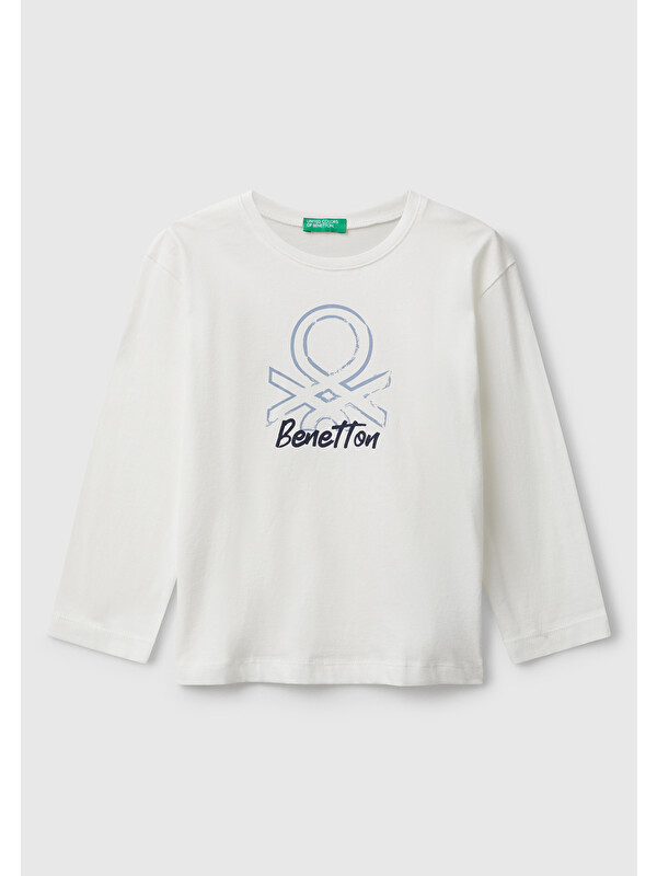 United Colors Of Benetton Erkek Çocuk Ekru Organik Pamuklu Önü Logo Baskılı Uzun Kollu Jarse T-shirt