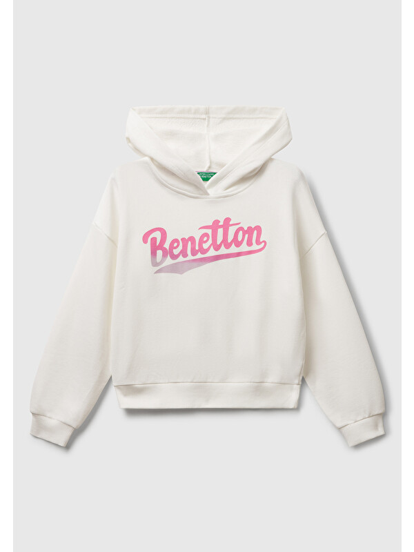 United Colors Of Benetton Kız Çocuk Ekru Önü Logo Baskılı Ribanalı Kapüşonlu Sweatshirt