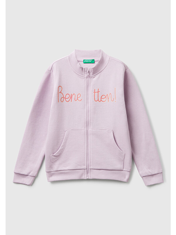United Colors Of Benetton Kız Çocuk Lila Simli Logo Baskılı Fermuarlı Ribanalı Regular Fit Sweatshirt