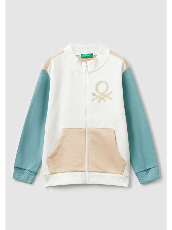 United Colors Of Benetton Kız Çocuk Pembe-Beyaz Simli Logo Baskılı Fermuarlı Ribanalı Regular Fit Sweatshirt