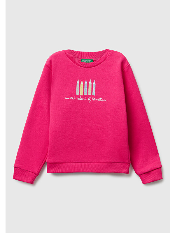 United Colors Of Benetton Kız Çocuk Pembe Önü Simli Logo Baskılı Nervürlü Regular Fit Sweatshirt